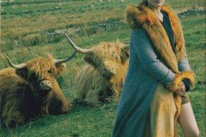 women, Vintage, Women Outdoors, Field, Animals, Cows, Nature, Landscape, Highland Cows