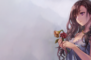 simple Background, Anime Girls, Flowers, Purple Eyes, Brunette, Original Characters, Long Hair, Soft Shading