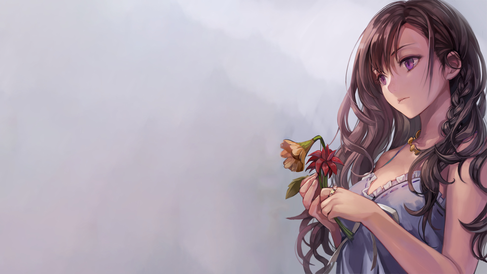 simple Background, Anime Girls, Flowers, Purple Eyes, Brunette, Original Characters, Long Hair, Soft Shading Wallpaper