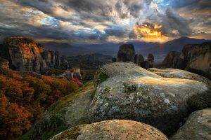 nature, Landscape, Sky, Clouds, Rock, Mountain, Sunlight, Trees, Monastery, Meteora, Greece, Hill, Forest