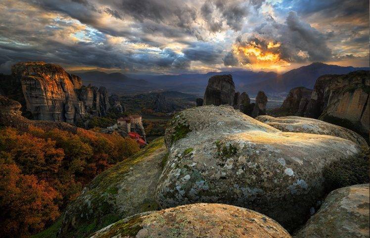 nature, Landscape, Sky, Clouds, Rock, Mountain, Sunlight, Trees, Monastery, Meteora, Greece, Hill, Forest HD Wallpaper Desktop Background