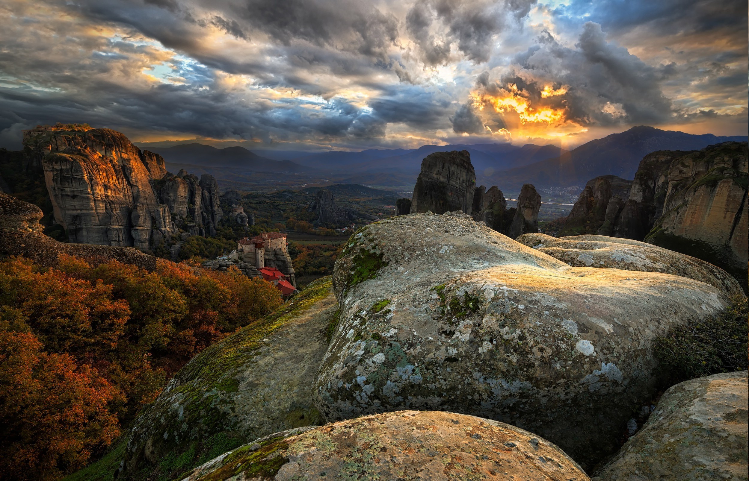 nature, Landscape, Sky, Clouds, Rock, Mountain, Sunlight, Trees, Monastery, Meteora, Greece, Hill, Forest Wallpaper