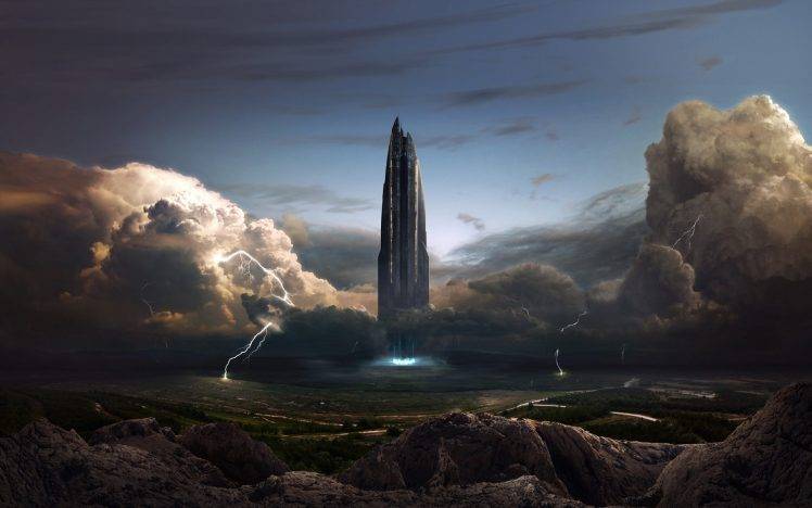 rockets, Spaceship, Fantasy Art, Dust, Smoke, Lightning, Rock, Landscape, Clouds HD Wallpaper Desktop Background