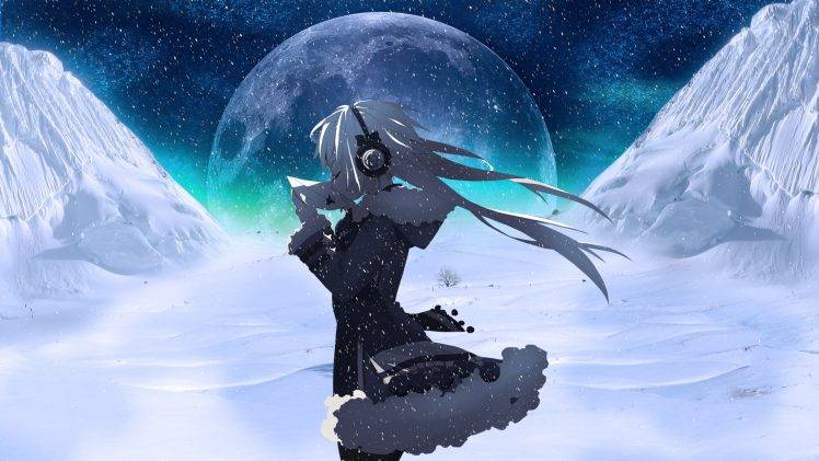 moon, Headphones, Snow, Night, Anime Girls HD Wallpaper Desktop Background