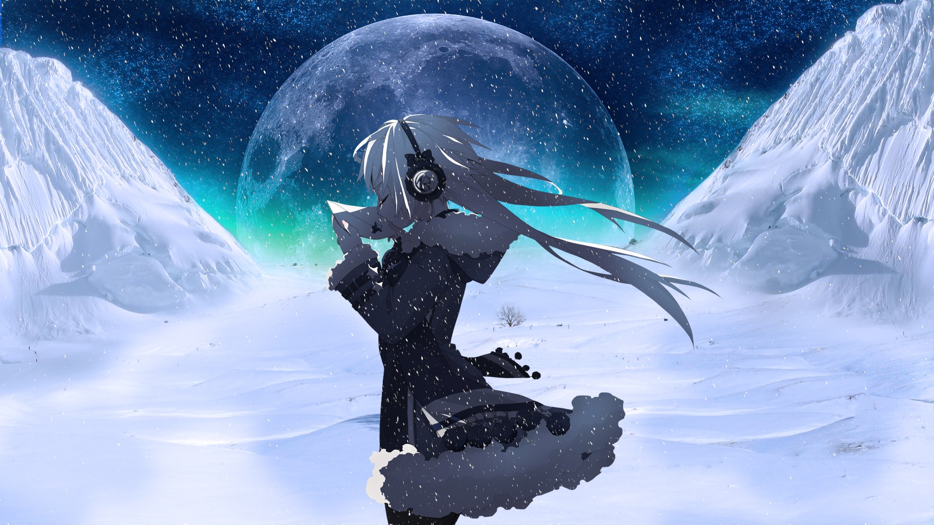 moon, Headphones, Snow, Night, Anime Girls Wallpapers HD / Desktop and