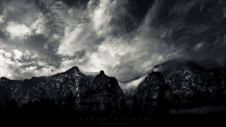 monochrome, Mountain, Cliff, Clouds, Landscape, Winter HD Wallpaper Desktop Background