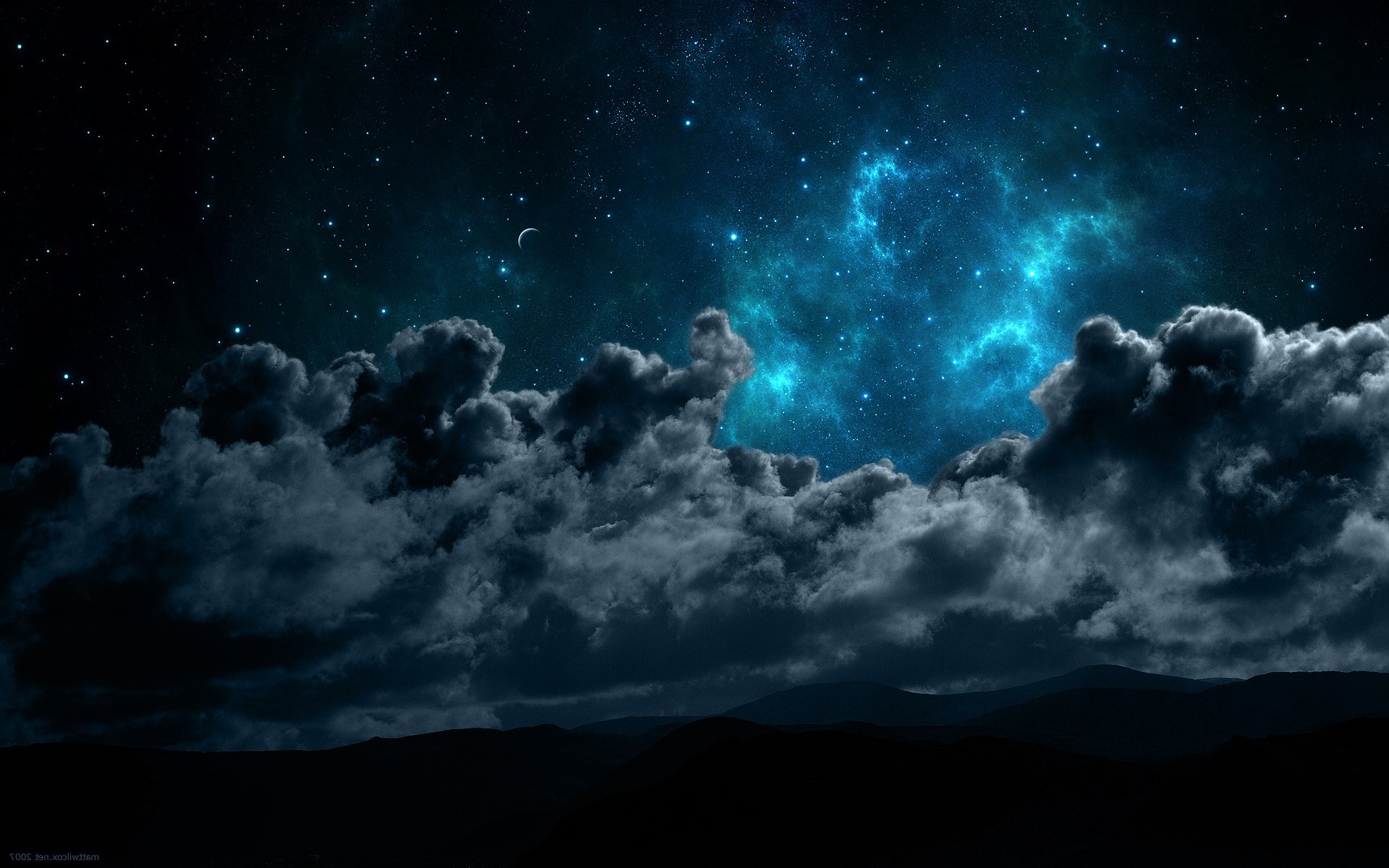 landscape, Night, Space, Clouds, Mountain, Silhouette Wallpaper