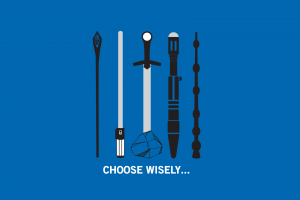 The Lord Of The Rings, Star Wars, Excalibur, Harry Potter, Doctor Who, Weapon, Minimalism, Blue Background, Humor