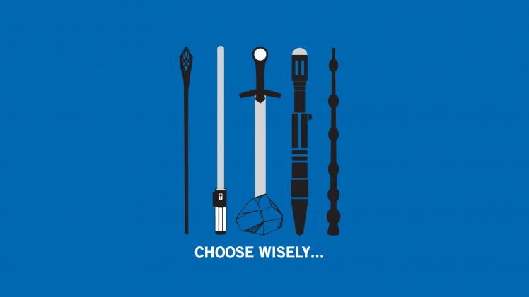 The Lord Of The Rings, Star Wars, Excalibur, Harry Potter, Doctor Who, Weapon, Minimalism, Blue Background, Humor HD Wallpaper Desktop Background