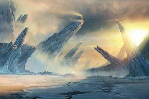 fantasy Art, Digital Art, Nature, Landscape, Ice, Sunlight, Mountain, Rock Formation