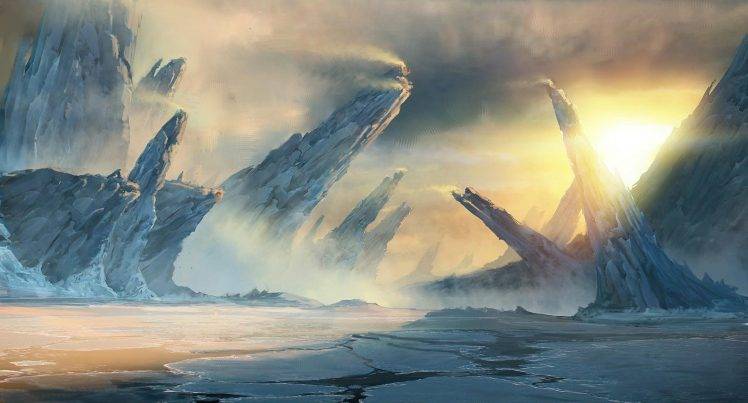 fantasy Art, Digital Art, Nature, Landscape, Ice, Sunlight, Mountain, Rock Formation HD Wallpaper Desktop Background