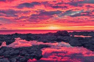 horizon, Sea, Nature, Landscape, Sunset, Reflection, Clouds, Pink, Rock