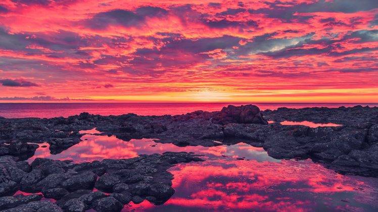 horizon, Sea, Nature, Landscape, Sunset, Reflection, Clouds, Pink, Rock HD Wallpaper Desktop Background