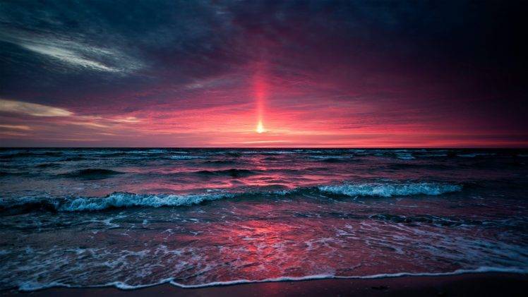sea, Landscape, Nature, Beach, Sunset, Waves, Horizon HD Wallpaper Desktop Background