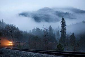 nature, Winter, Trees, Railway, Train, Lights, Mist, Forest, Landscape