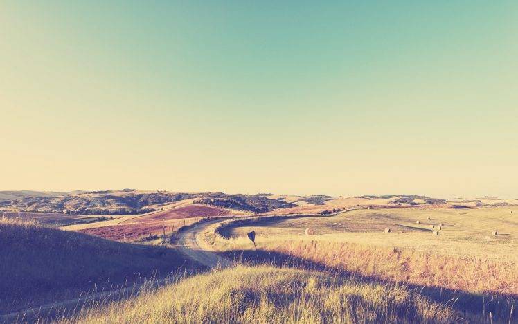 landscape, Field, Sunlight, Bright, Road, Haystacks, Grass HD Wallpaper Desktop Background