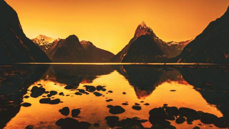 photography, Nature, Landscape, Orange, Reflection, Lake, Mountain, Hill, Rock, Calm HD Wallpaper Desktop Background