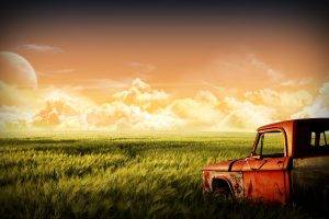 old Car, Nature, Landscape, Red, Green, Moon