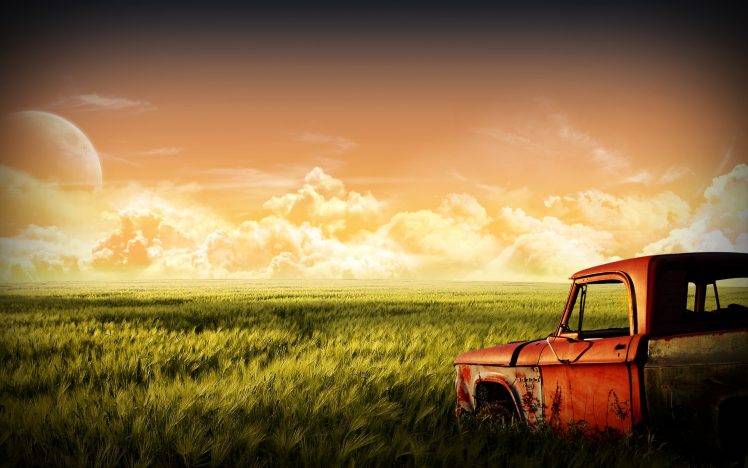 old Car, Nature, Landscape, Red, Green, Moon HD Wallpaper Desktop Background