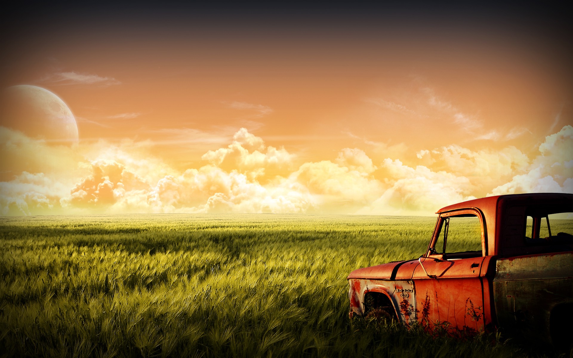 old Car, Nature, Landscape, Red, Green, Moon Wallpaper