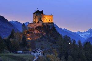 landscape, Castle, Architecture, Nature, Trees, Switzerland, Mountain, Forest, Lights, Hill, House, Sunset, Snow
