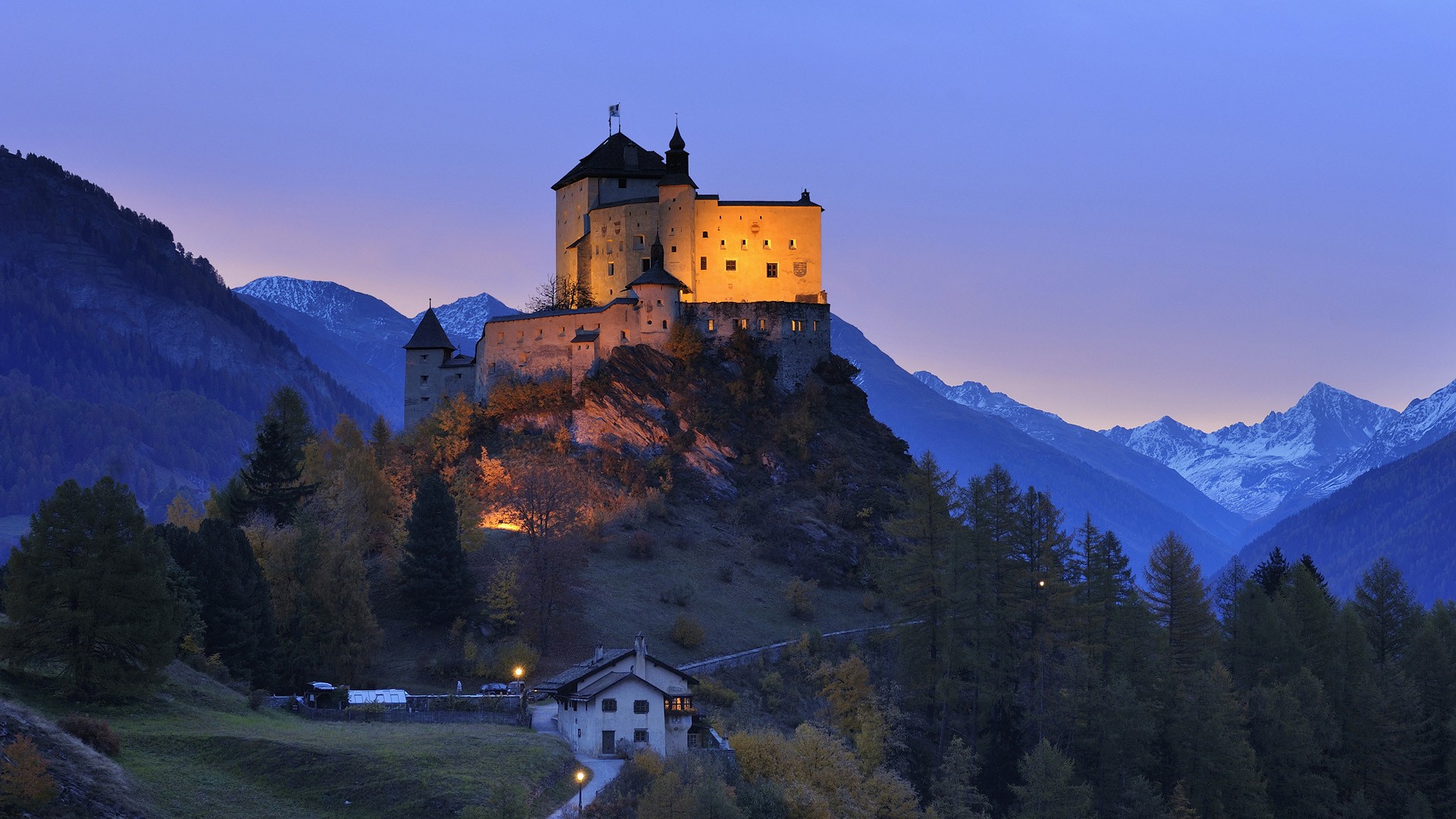 landscape, Castle, Architecture, Nature, Trees, Switzerland, Mountain, Forest, Lights, Hill, House, Sunset, Snow Wallpaper