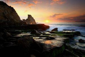 nature, Landscape, Sunset, Rock, Coast, Waves, Sea