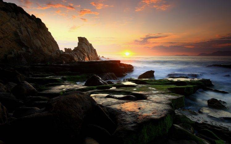 nature, Landscape, Sunset, Rock, Coast, Waves, Sea HD Wallpaper Desktop Background