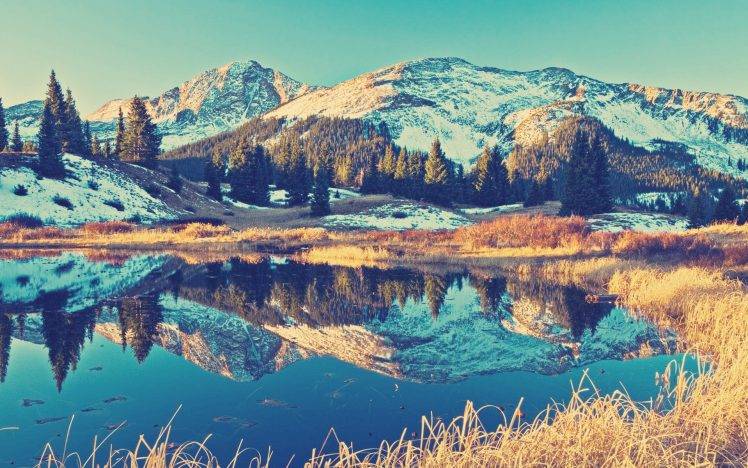 landscape, Mountain, Nature, Snow, Reflection, Lake, Sunlight, Trees HD Wallpaper Desktop Background