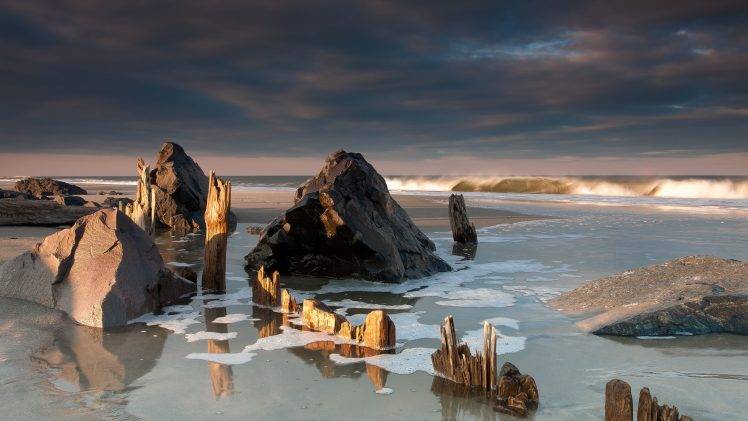 nature, Beach, Waves, Sea, Rock, Wood, Clouds, Landscape HD Wallpaper Desktop Background