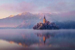 nature, Landscape, Architecture, Church, Trees, Mountain, Winter, Snow, Mist, Island, Lake, Water, Reflection, Sunset, Slovenia, Lake Bled, Morning