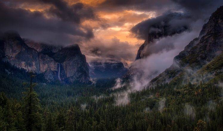 nature, Landscape, Mountain, Trees, Clouds, Mist, Sunlight, Forest, Yosemite National Park, USA HD Wallpaper Desktop Background