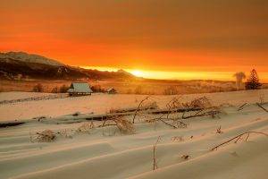 nature, Landscape, Winter, Snow, Mountain, House, Tatra Mountains, Trees, Sunset, Clouds