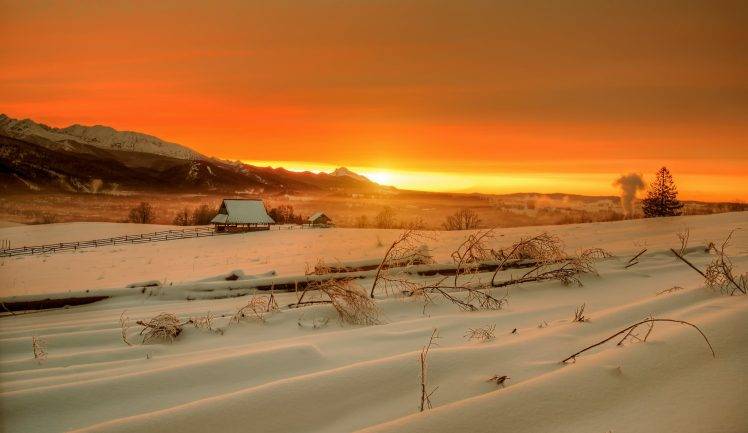 nature, Landscape, Winter, Snow, Mountain, House, Tatra Mountains, Trees, Sunset, Clouds HD Wallpaper Desktop Background