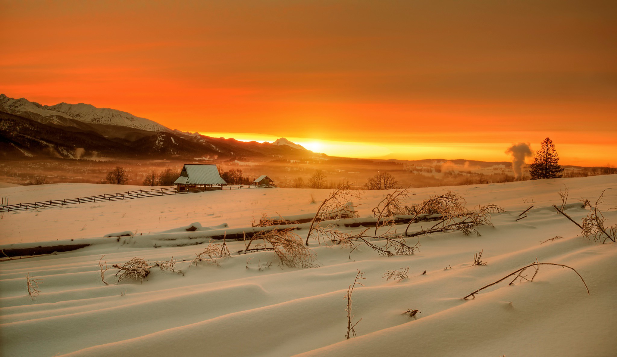 nature, Landscape, Winter, Snow, Mountain, House, Tatra Mountains, Trees, Sunset, Clouds Wallpaper