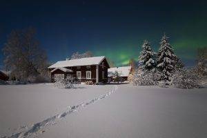 nature, Landscape, Winter, Snow, House, Trees, Night, Lights, Aurorae, Stars