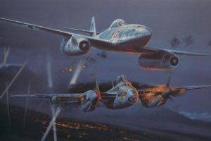 artwork, Aircraft, Military, World War II, Messerschmitt Me 262, De Havilland DH98 Mosquito