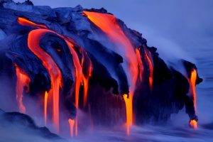 nature, Landscape, Volcano, Lava, Smoke, Water, Sea, Long Exposure, Volcanic Eruption