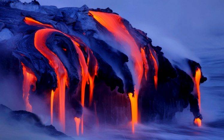 nature, Landscape, Volcano, Lava, Smoke, Water, Sea, Long Exposure, Volcanic Eruption HD Wallpaper Desktop Background