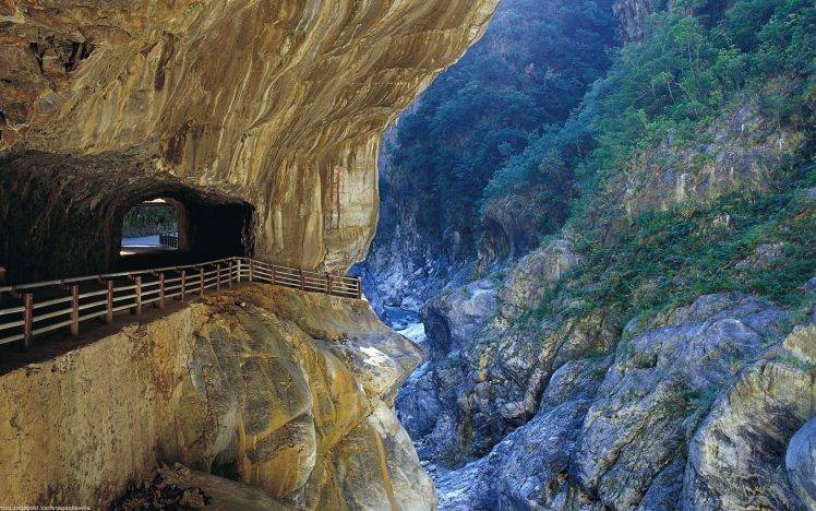 road, Nature, Landscape, Valley, Rock Formation, Fence, Cliff, Taroko Gorge, Taiwan HD Wallpaper Desktop Background