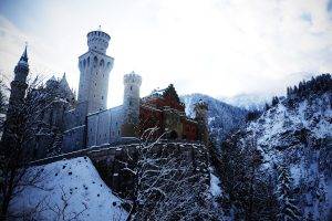landscape, Winter, Snow, Mountain, Neuschwanstein Castle, Nature, Architecture, Castle, Old Building, Building, Hill, Trees