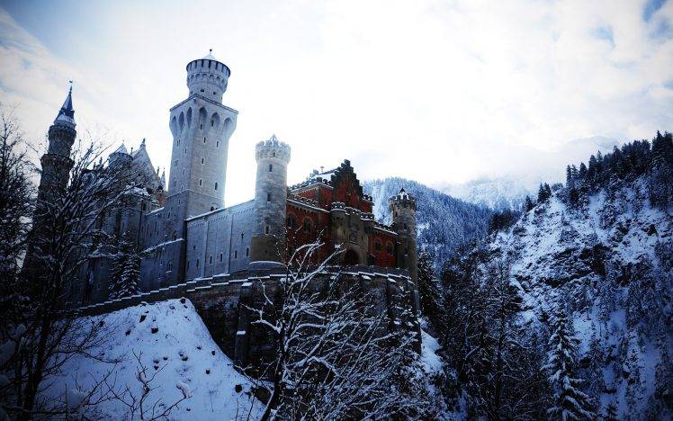 landscape, Winter, Snow, Mountain, Neuschwanstein Castle, Nature, Architecture, Castle, Old Building, Building, Hill, Trees HD Wallpaper Desktop Background