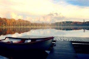 landscape, Fall, Lake, Boat, Nature, Reflection, Clouds, Pier, Water