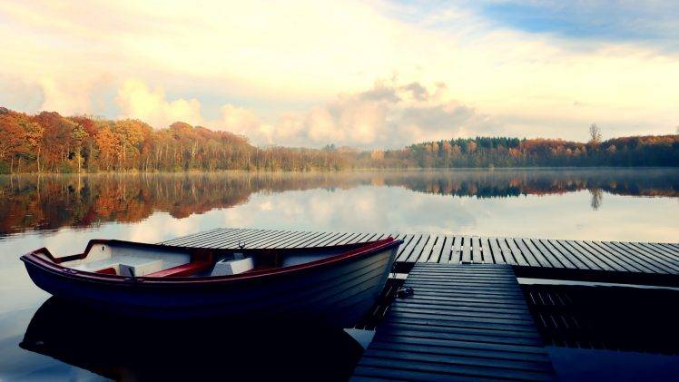 landscape, Fall, Lake, Boat, Nature, Reflection, Clouds, Pier, Water HD Wallpaper Desktop Background