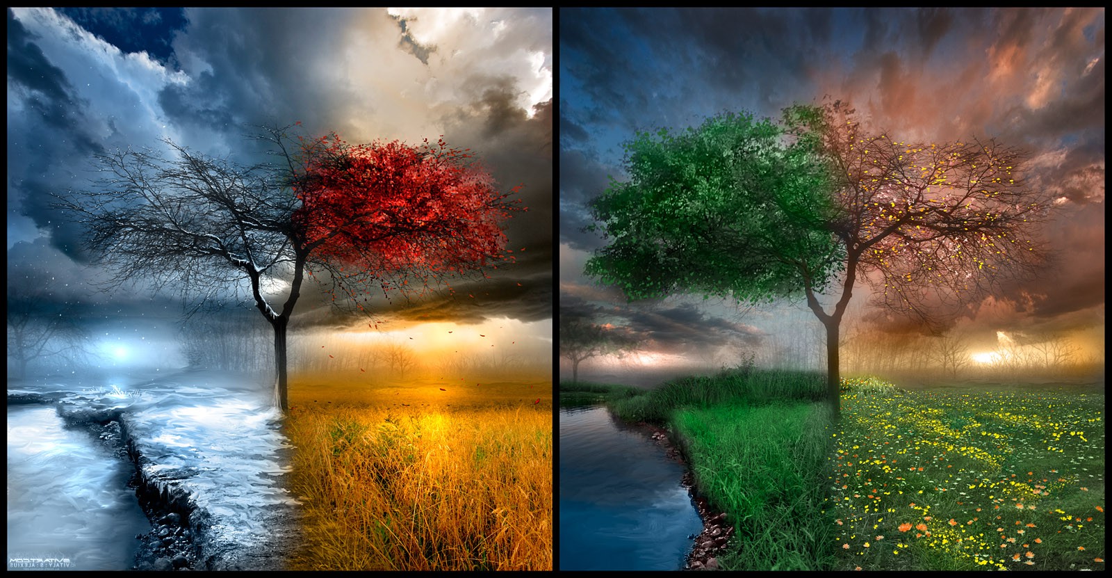 landscape, Trees, Water, Clouds, Seasons, Four Seasons Wallpaper