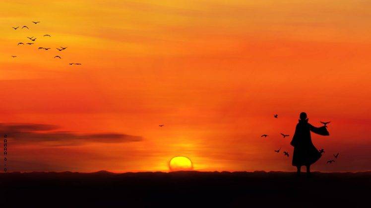 Anime Uchiha Itachi Sunset Silhouette Birds Wallpapers Hd