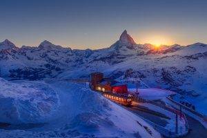 nature, Landscape, Mountain, Winter, Snow, Sunset, Train, Train Station, Lights, Road, Matterhorn, Switzerland