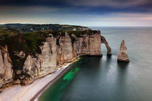 nature, Landscape, Sea, Clouds, Cliff, Beach, Trees, House, Rock, Étretat, France