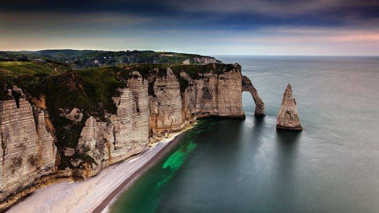 nature, Landscape, Sea, Clouds, Cliff, Beach, Trees, House, Rock, Étretat, France HD Wallpaper Desktop Background