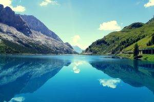 nature, Landscape, Clouds, Mountain, Trees, Hill, Blue, Water, Reflection, Lake